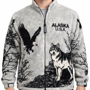 Vintage Black Mountain Alaska Wolf Fleece Jacket XL USA Made Full Zip Wildlife